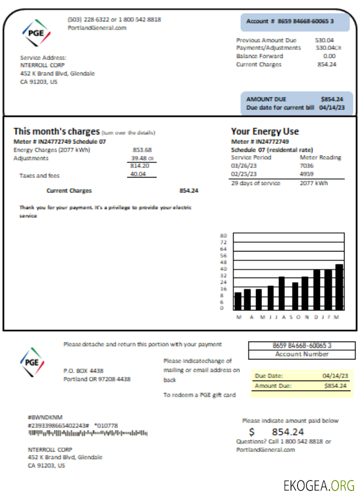 Facture commerciale du service public d'électricité PGE de l'Oregon, SCR